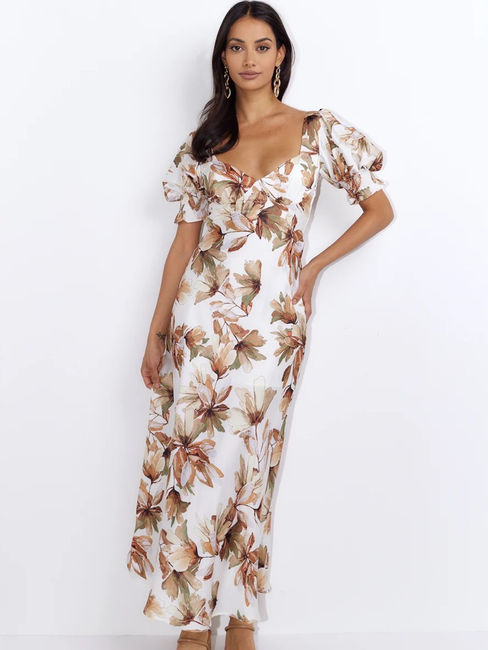 Floral Puff-Sleeve Maxi Dress in White and Brown